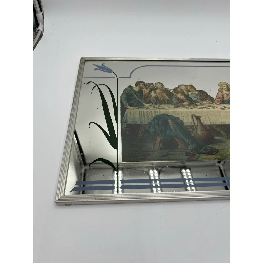 Vintage Last Supper Mirrored Wall Plaque Aluminum Frame Religious Decor